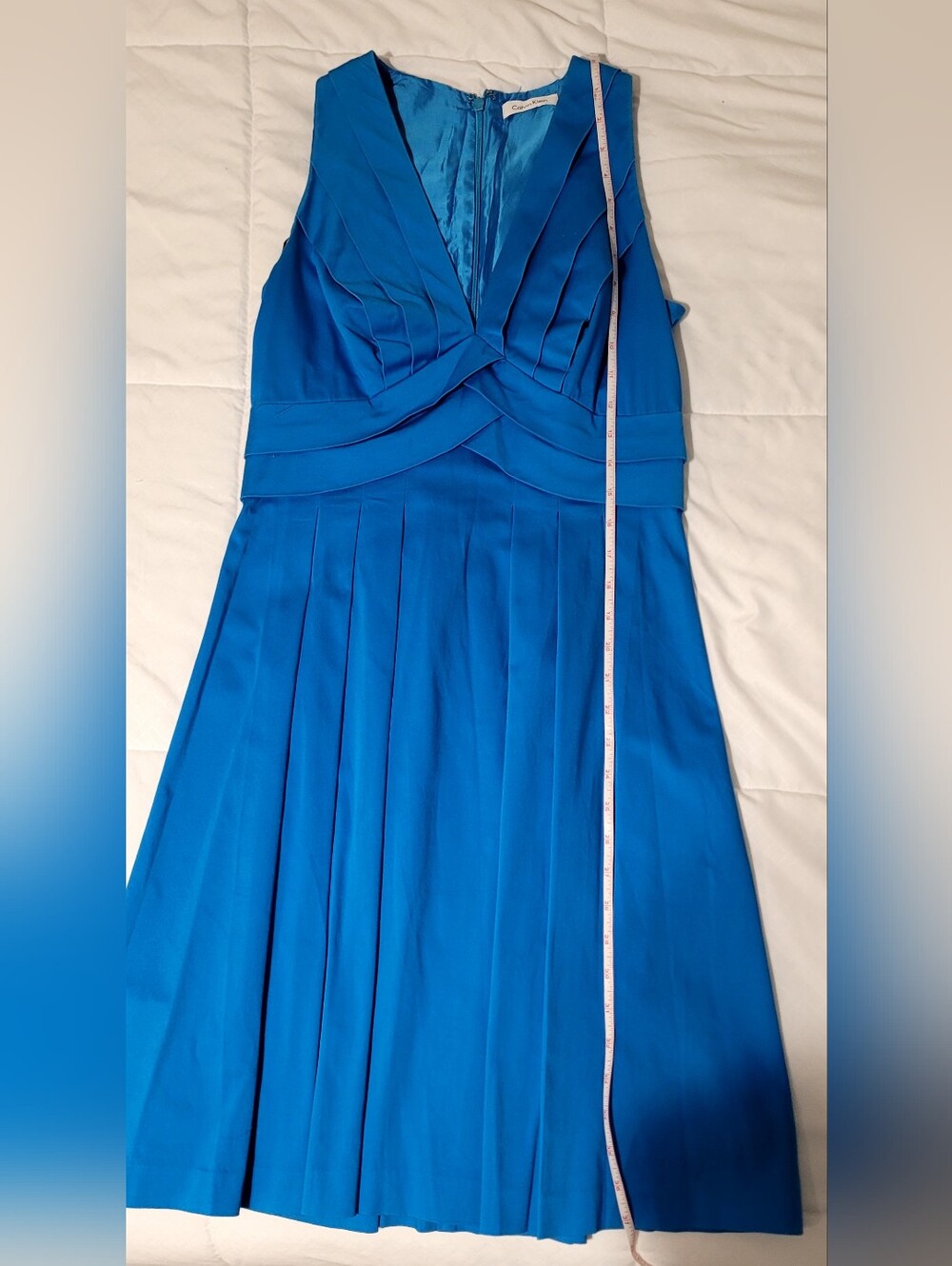 Calvin Klein, Vintage, Sleeveless V-Neck Pleated Blue Women’s Dress - Picture 7 of 11